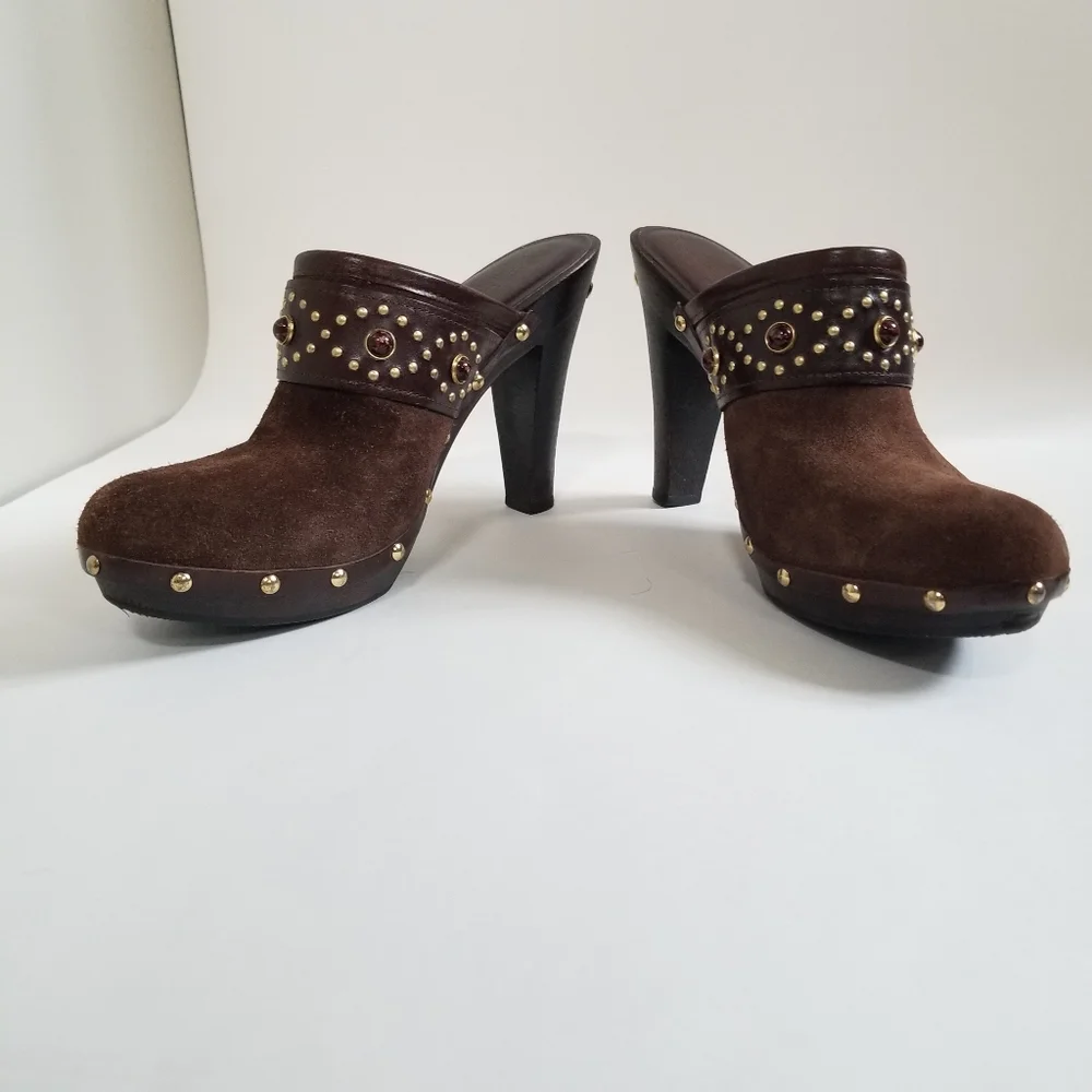 Michael Kors Womens Brown Suede Studded Wooden Mule Clogs Sz 7.5